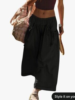 NWT Summer Tie Front Wide Leg Pants Casual Loose Elastic Waist Baggy Pants